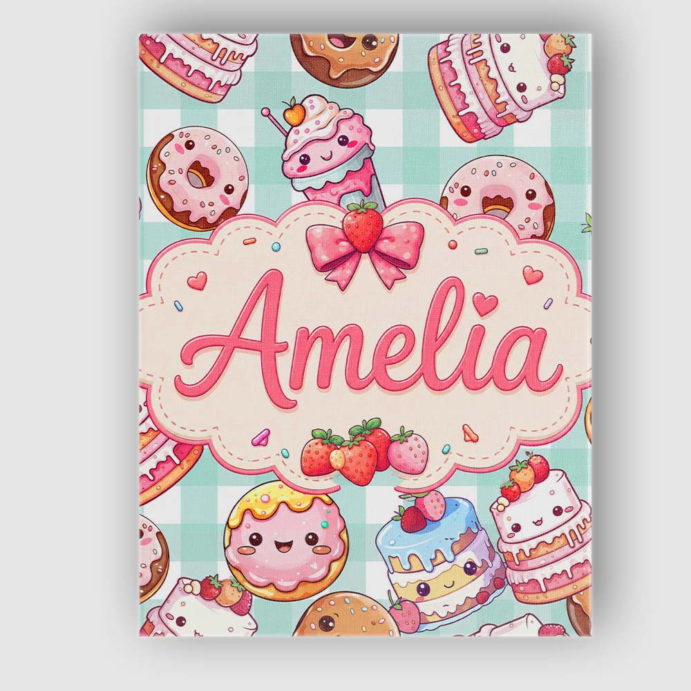 Personalised Name Cute Kawaii Donut Cake Custom  Unique Gift Idea Elegant Feature Canvas Wall Art Print Decor Picture Ready to Hang
