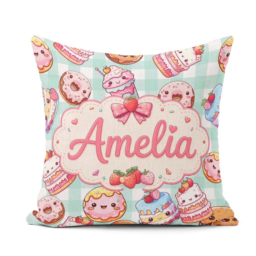 Custom Name Kawaii Donut Cake Dessert Mint Gingham Seamless Name Square Filled Cushion Throw Pillow Sofa Bed Home Decor Zip Washable UK Made