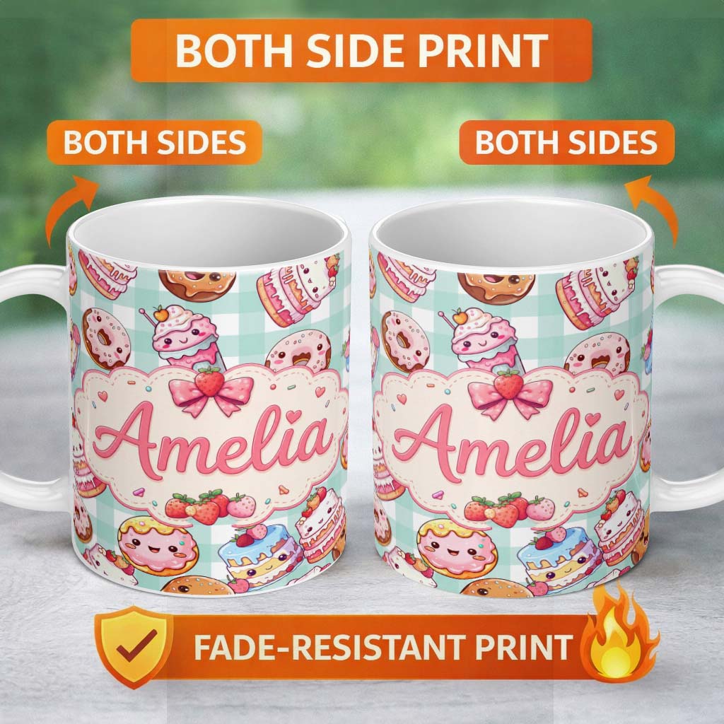 Personalized Custom Name Cute Kawaii Donut Cake Dessert Mint Gingham Seamless Pattern Name 11oz Ceramic Coffee Tea Mug White Large Handle