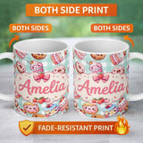 Personalized Custom Name Cute Kawaii Donut Cake Dessert Mint Gingham Seamless Pattern Name 11oz Ceramic Coffee Tea Mug White Large Handle