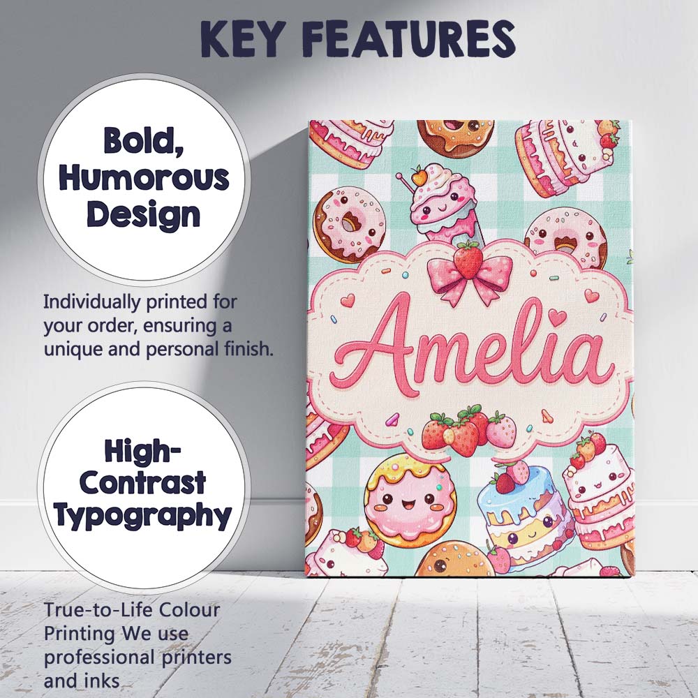 Personalised Name Cute Kawaii Donut Cake Custom  Unique Gift Idea Elegant Feature Canvas Wall Art Print Decor Picture Ready to Hang