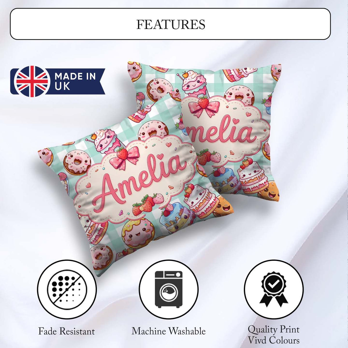 Custom Name Kawaii Donut Cake Dessert Mint Gingham Seamless Name Square Filled Cushion Throw Pillow Sofa Bed Home Decor Zip Washable UK Made