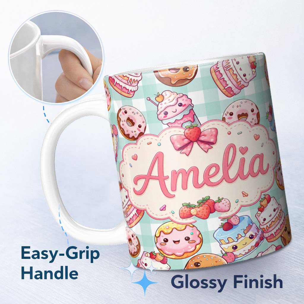 Personalized Custom Name Cute Kawaii Donut Cake Dessert Mint Gingham Seamless Pattern Name 11oz Ceramic Coffee Tea Mug White Large Handle