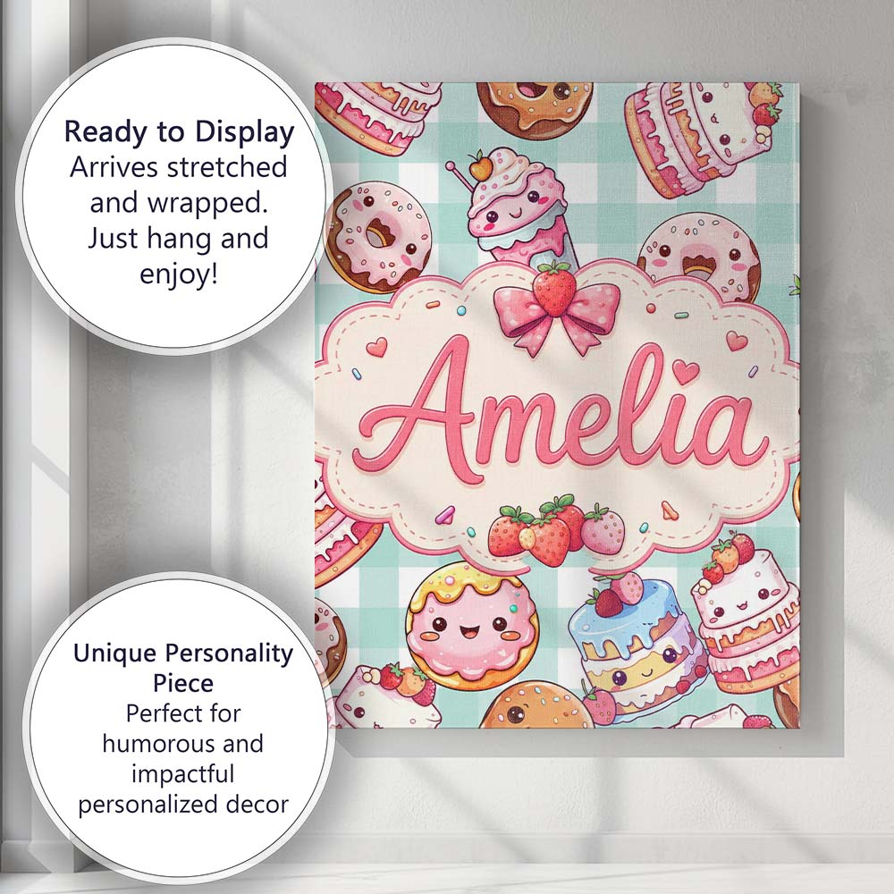 Personalised Name Cute Kawaii Donut Cake Custom  Unique Gift Idea Elegant Feature Canvas Wall Art Print Decor Picture Ready to Hang