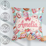 Custom Name Kawaii Donut Cake Dessert Mint Gingham Seamless Name Square Filled Cushion Throw Pillow Sofa Bed Home Decor Zip Washable UK Made