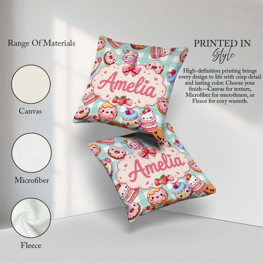 Custom Name Kawaii Donut Cake Dessert Mint Gingham Seamless Name Square Filled Cushion Throw Pillow Sofa Bed Home Decor Zip Washable UK Made