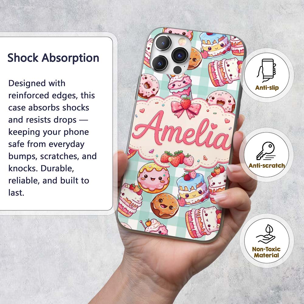 Cute Kawaii Donut Cake Dessert Printed Design Custom Name Protective Phone Case Mobile Cover Durable Everyday Smartphone Shock Resistant