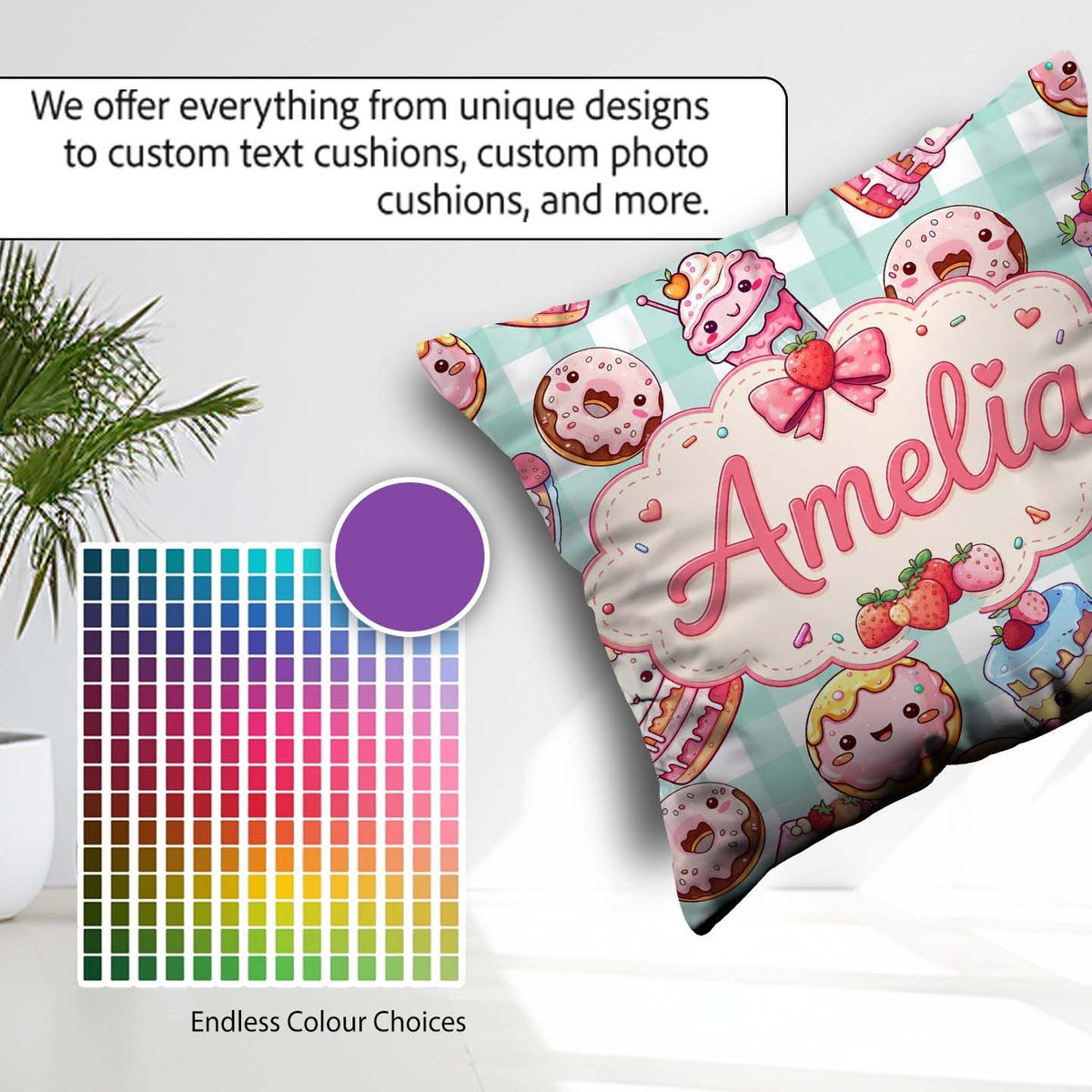 Custom Name Kawaii Donut Cake Dessert Mint Gingham Seamless Name Square Filled Cushion Throw Pillow Sofa Bed Home Decor Zip Washable UK Made