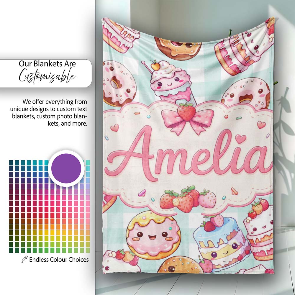 Cute Kawaii Donut Cake Dessert Mint Gingham Seamless Pattern Name  Personalised Custom Name Super Soft Fleece Blanket Bed Sofa Throw