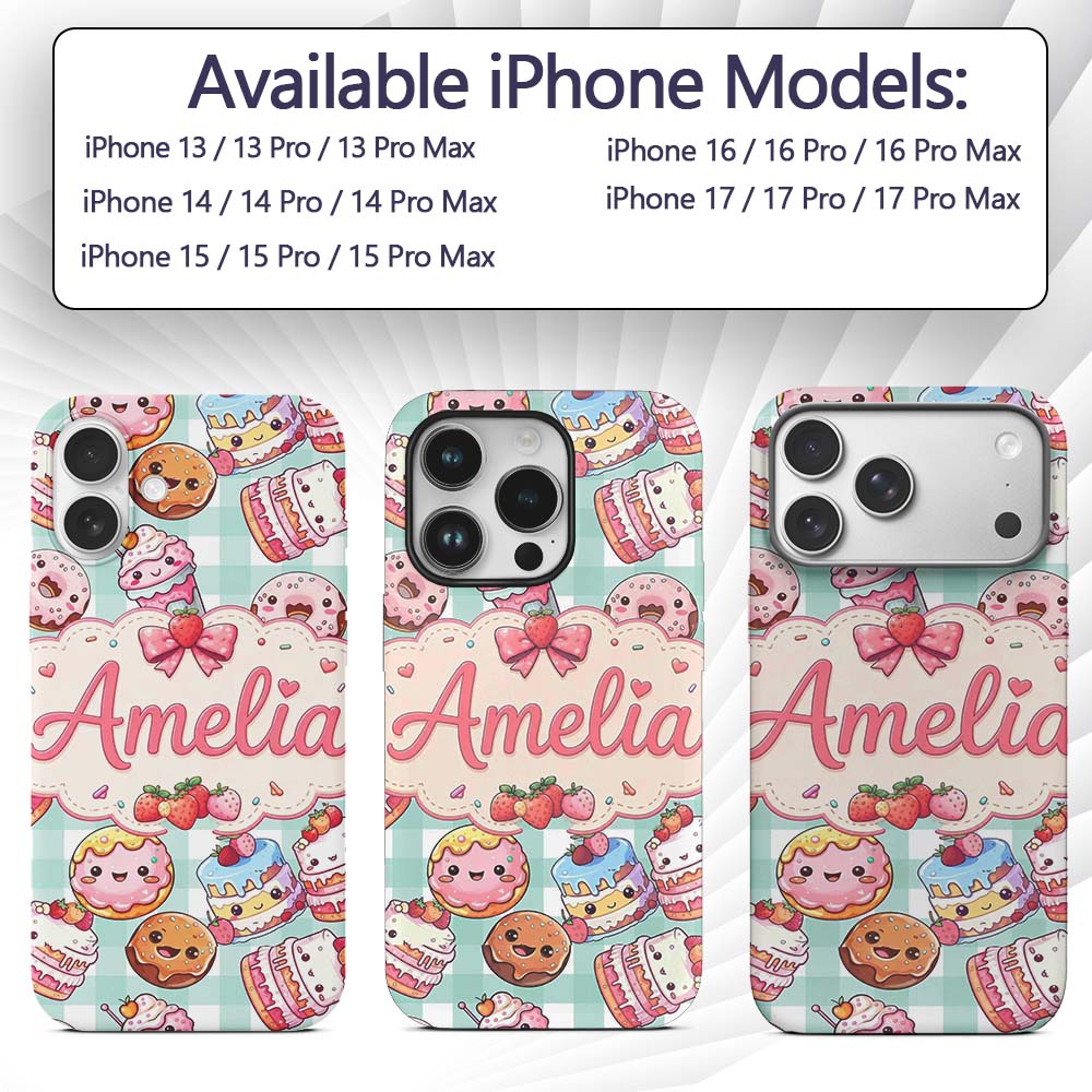 Cute Kawaii Donut Cake Dessert Printed Design Custom Name Protective Phone Case Mobile Cover Durable Everyday Smartphone Shock Resistant
