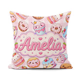 Custom Name Kawaii Donut Cake Dessert Pink Gingham Seamless Name Square Filled Cushion Throw Pillow Sofa Bed Home Decor Zip Washable UK Made