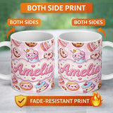 Personalized Custom Name Cute Kawaii Donut Cake Dessert Pink Gingham Seamless Pattern Name 11oz Ceramic Coffee Tea Mug White Large Handle
