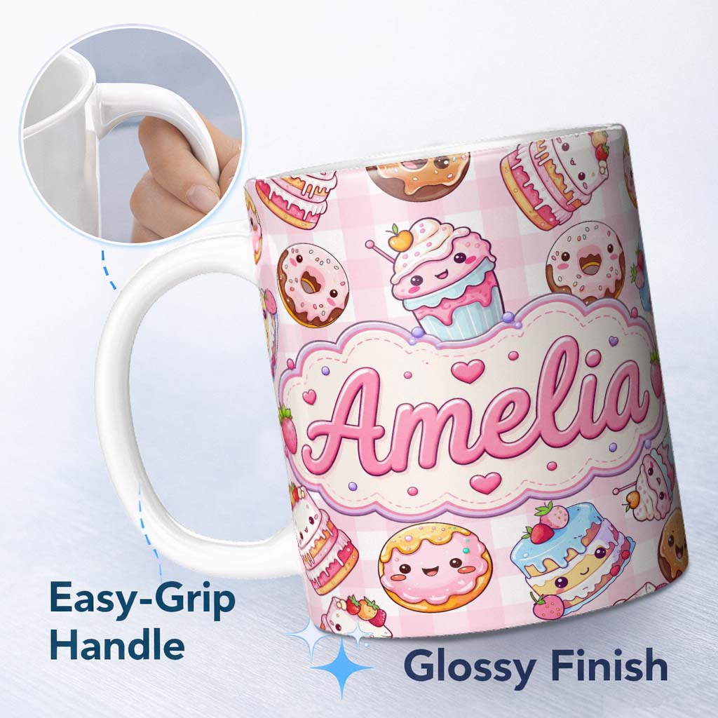 Personalized Custom Name Cute Kawaii Donut Cake Dessert Pink Gingham Seamless Pattern Name 11oz Ceramic Coffee Tea Mug White Large Handle
