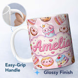 Personalized Custom Name Cute Kawaii Donut Cake Dessert Pink Gingham Seamless Pattern Name 11oz Ceramic Coffee Tea Mug White Large Handle
