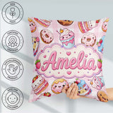 Custom Name Kawaii Donut Cake Dessert Pink Gingham Seamless Name Square Filled Cushion Throw Pillow Sofa Bed Home Decor Zip Washable UK Made