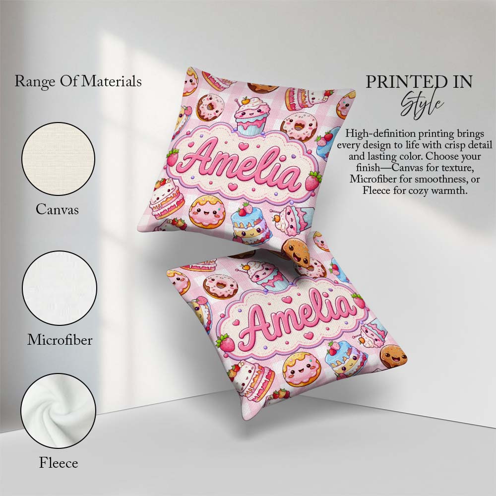 Custom Name Kawaii Donut Cake Dessert Pink Gingham Seamless Name Square Filled Cushion Throw Pillow Sofa Bed Home Decor Zip Washable UK Made