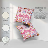 Custom Name Kawaii Donut Cake Dessert Pink Gingham Seamless Name Square Filled Cushion Throw Pillow Sofa Bed Home Decor Zip Washable UK Made