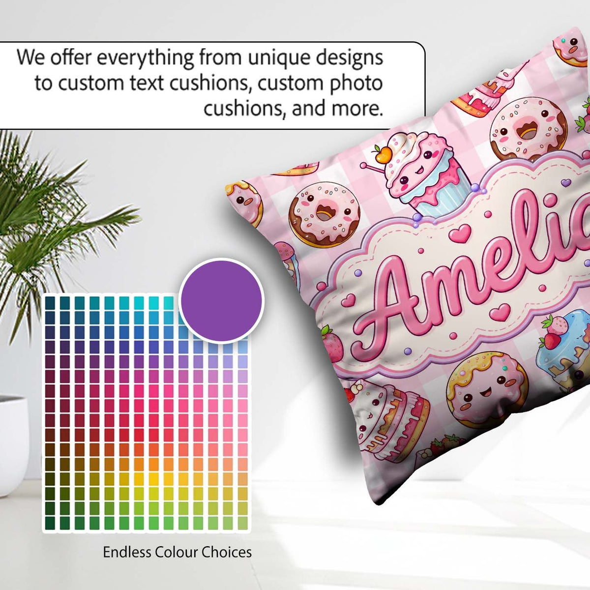 Custom Name Kawaii Donut Cake Dessert Pink Gingham Seamless Name Square Filled Cushion Throw Pillow Sofa Bed Home Decor Zip Washable UK Made