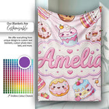 Cute Kawaii Donut Cake Dessert Pink Gingham Seamless Pattern Name  Personalised Custom Name Super Soft Fleece Blanket Bed Sofa Throw