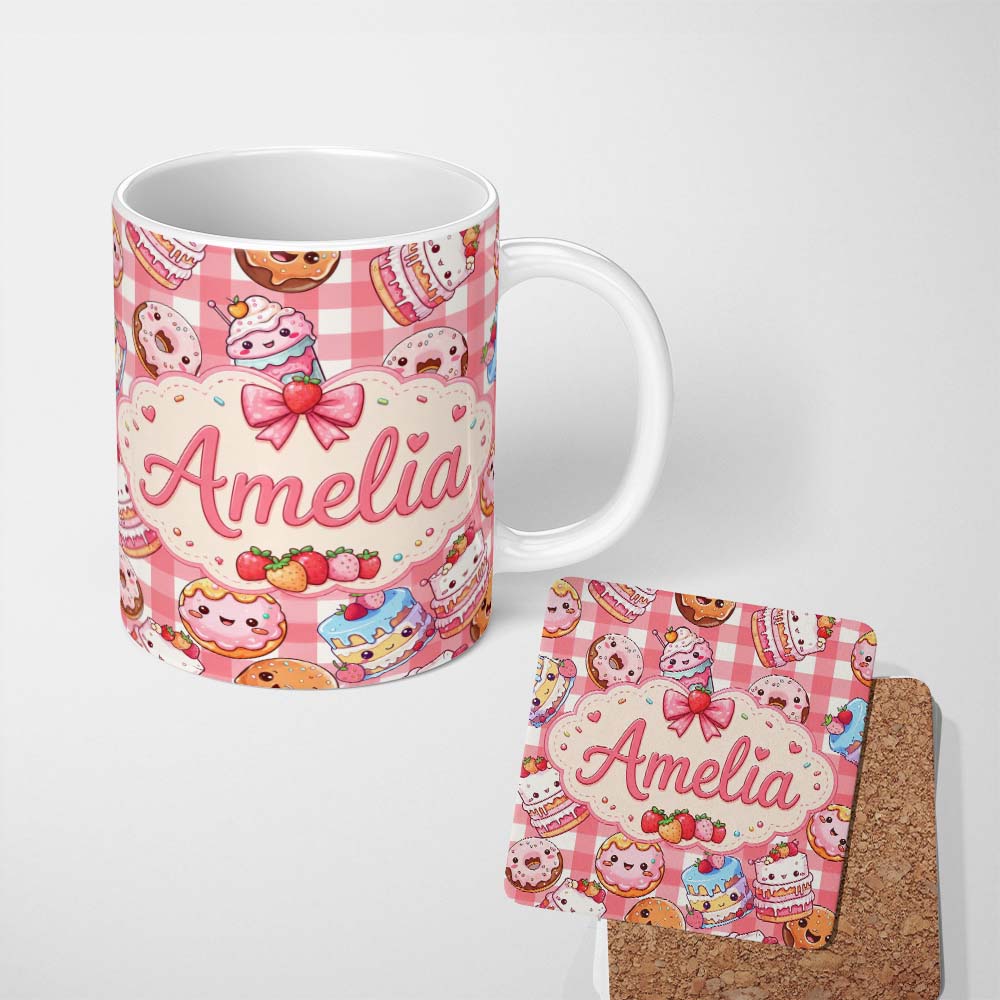 Personalized Custom Name Cute Kawaii Donut Cake Dessert Red Gingham Seamless Pattern Name 11oz Ceramic Coffee Tea Mug White Large Handle