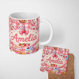 Personalized Custom Name Cute Kawaii Donut Cake Dessert Red Gingham Seamless Pattern Name 11oz Ceramic Coffee Tea Mug White Large Handle