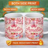 Personalized Custom Name Cute Kawaii Donut Cake Dessert Red Gingham Seamless Pattern Name 11oz Ceramic Coffee Tea Mug White Large Handle
