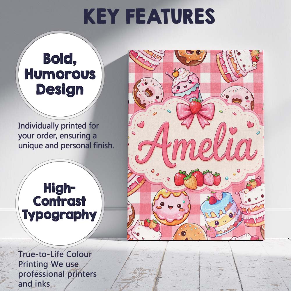 Personalised Name Cute Kawaii Donut Cake Custom  Unique Gift Idea Elegant Feature Canvas Wall Art Print Decor Picture Ready to Hang