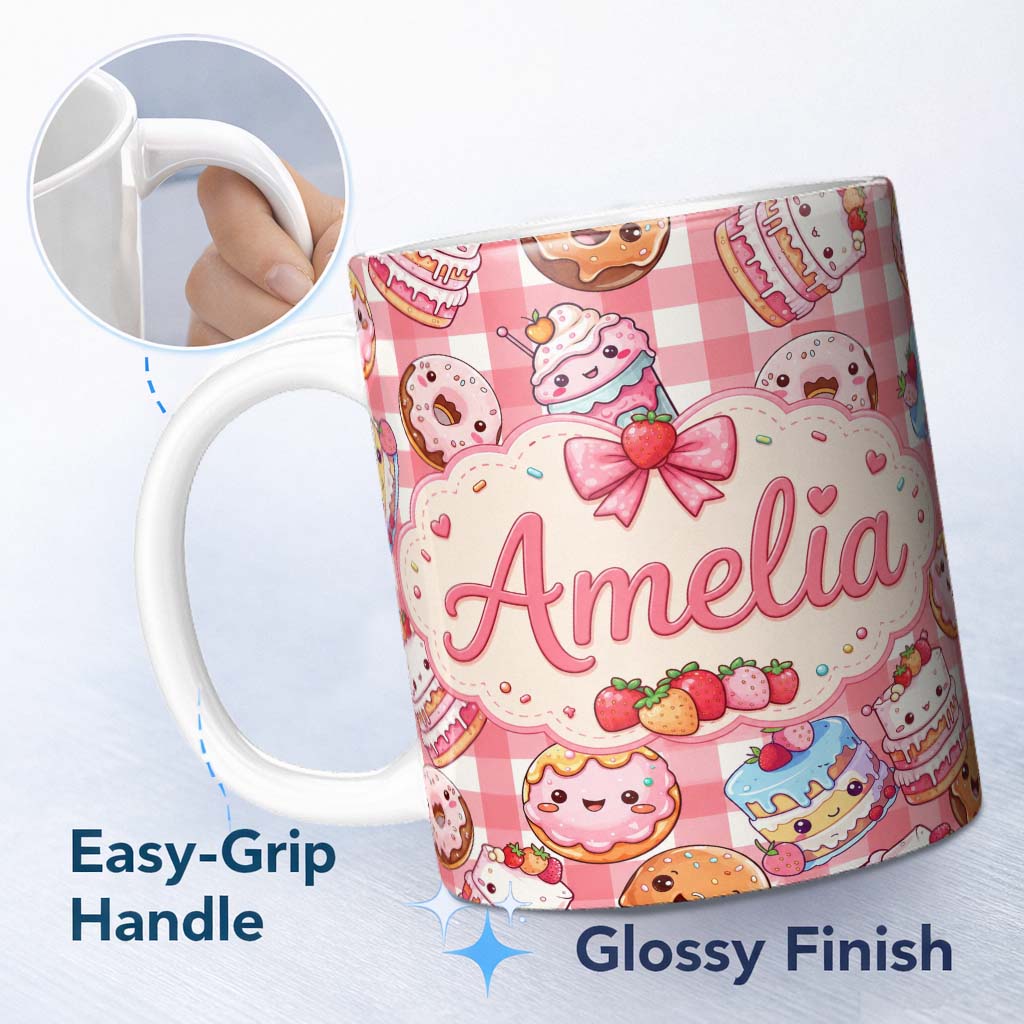 Personalized Custom Name Cute Kawaii Donut Cake Dessert Red Gingham Seamless Pattern Name 11oz Ceramic Coffee Tea Mug White Large Handle