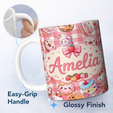 Personalized Custom Name Cute Kawaii Donut Cake Dessert Red Gingham Seamless Pattern Name 11oz Ceramic Coffee Tea Mug White Large Handle