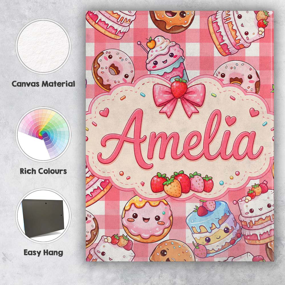 Personalised Name Cute Kawaii Donut Cake Custom  Unique Gift Idea Elegant Feature Canvas Wall Art Print Decor Picture Ready to Hang