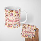 Personalized Custom Name Cute Kawaii Donut Cake Dessert Yellow Gingham Seamless Pattern 11oz Ceramic Coffee Tea Mug White Large Handle