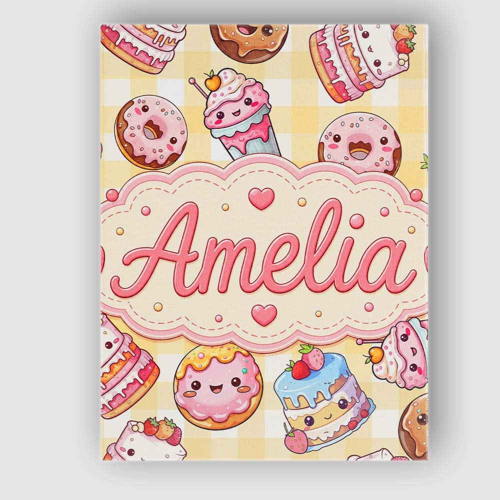 Personalised Name Cute Kawaii Donut Cake Custom  Unique Gift Idea Elegant Feature Canvas Wall Art Print Decor Picture Ready to Hang