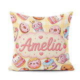 Custom Name Kawaii Donut Dessert Yellow Gingham Seamless Pattern Square Filled Cushion Throw Pillow Sofa Bed Home Decor Zip Washable UK Made