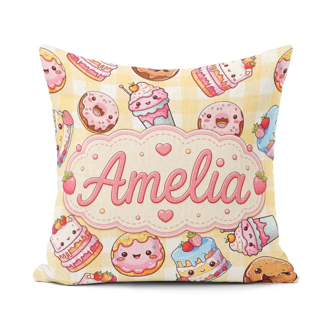 Custom Name Kawaii Donut Dessert Yellow Gingham Seamless Pattern Square Filled Cushion Throw Pillow Sofa Bed Home Decor Zip Washable UK Made