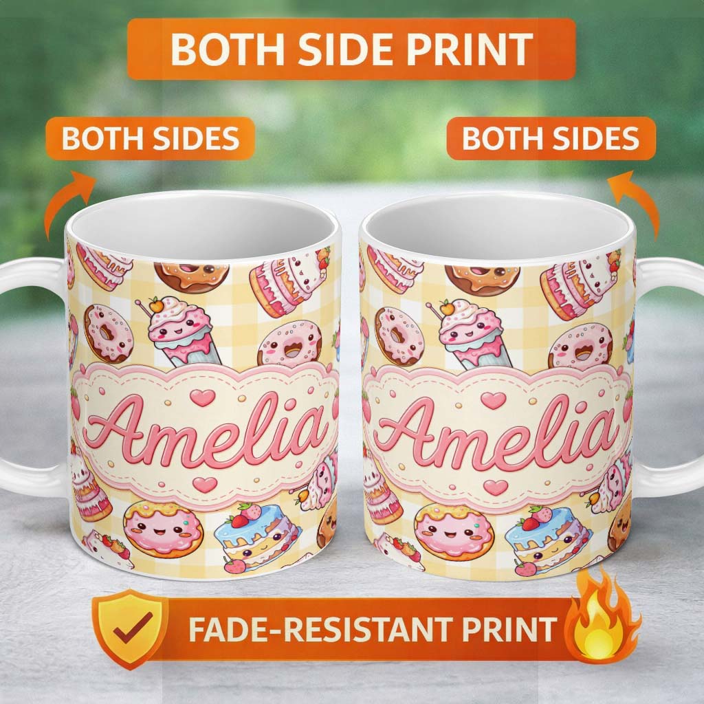 Personalized Custom Name Cute Kawaii Donut Cake Dessert Yellow Gingham Seamless Pattern 11oz Ceramic Coffee Tea Mug White Large Handle