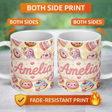 Personalized Custom Name Cute Kawaii Donut Cake Dessert Yellow Gingham Seamless Pattern 11oz Ceramic Coffee Tea Mug White Large Handle