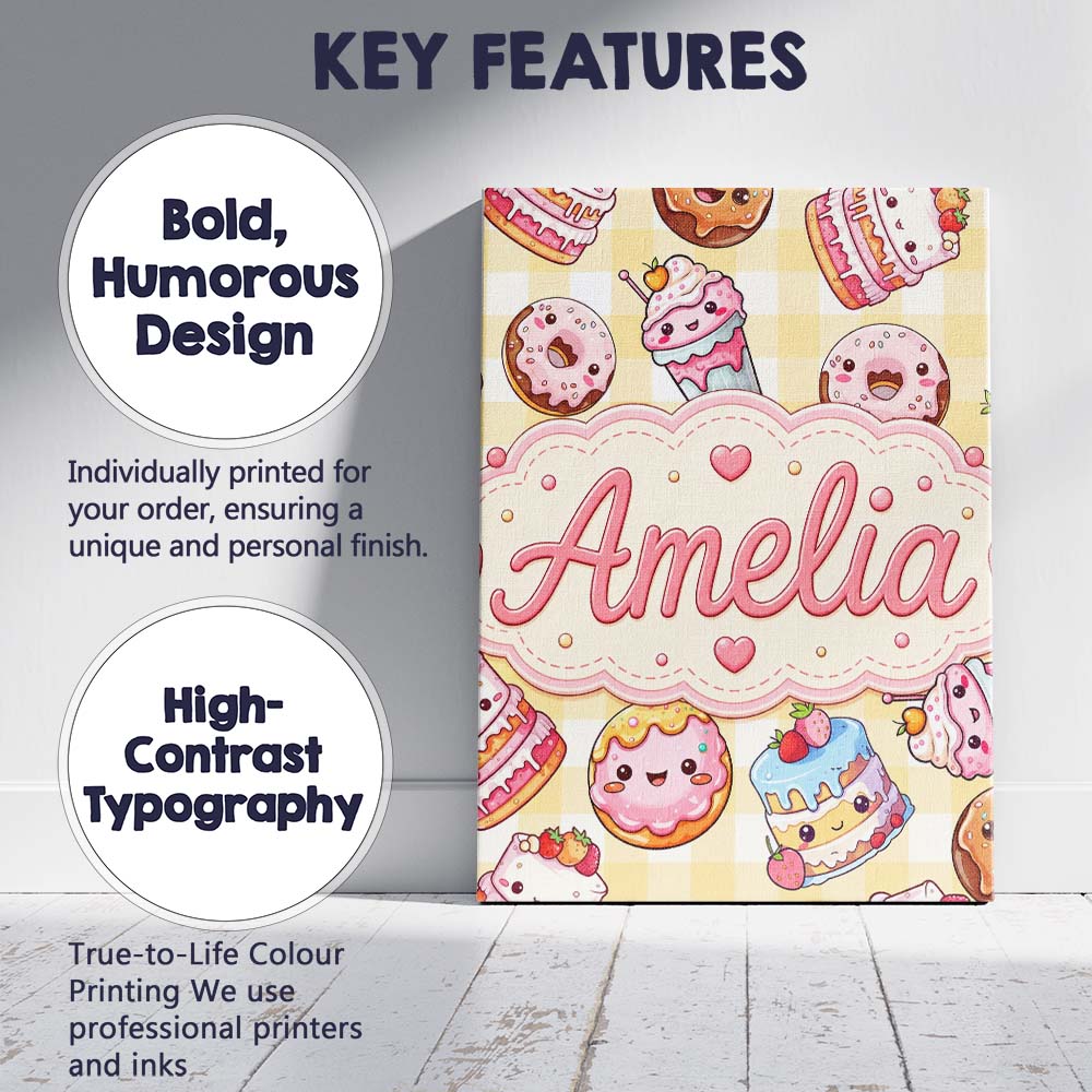 Personalised Name Cute Kawaii Donut Cake Custom  Unique Gift Idea Elegant Feature Canvas Wall Art Print Decor Picture Ready to Hang