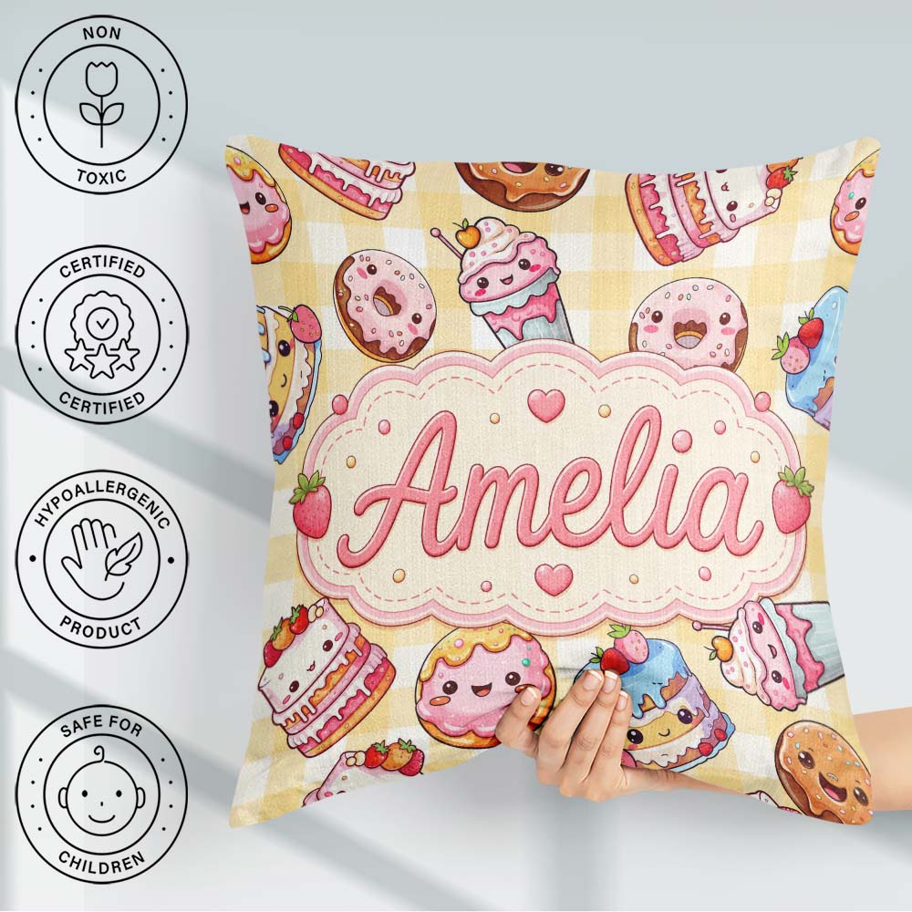 Custom Name Kawaii Donut Dessert Yellow Gingham Seamless Pattern Square Filled Cushion Throw Pillow Sofa Bed Home Decor Zip Washable UK Made