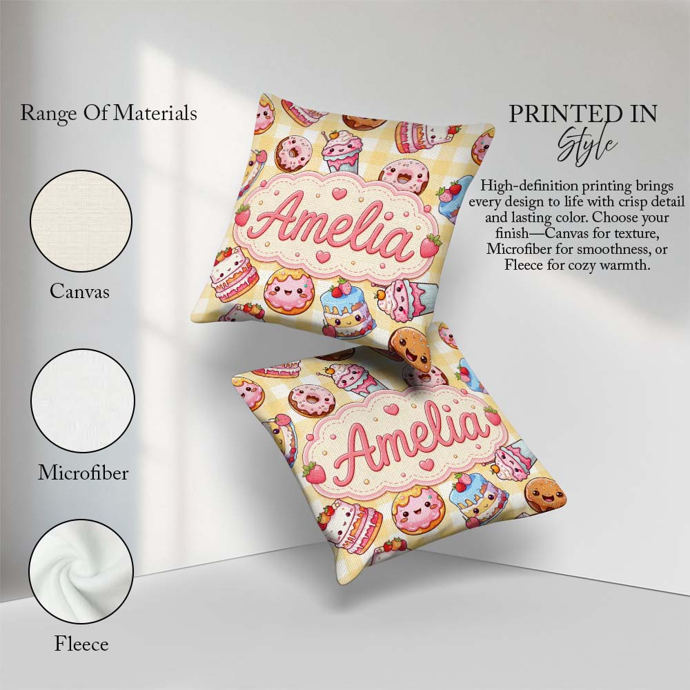 Custom Name Kawaii Donut Dessert Yellow Gingham Seamless Pattern Square Filled Cushion Throw Pillow Sofa Bed Home Decor Zip Washable UK Made