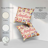 Custom Name Kawaii Donut Dessert Yellow Gingham Seamless Pattern Square Filled Cushion Throw Pillow Sofa Bed Home Decor Zip Washable UK Made