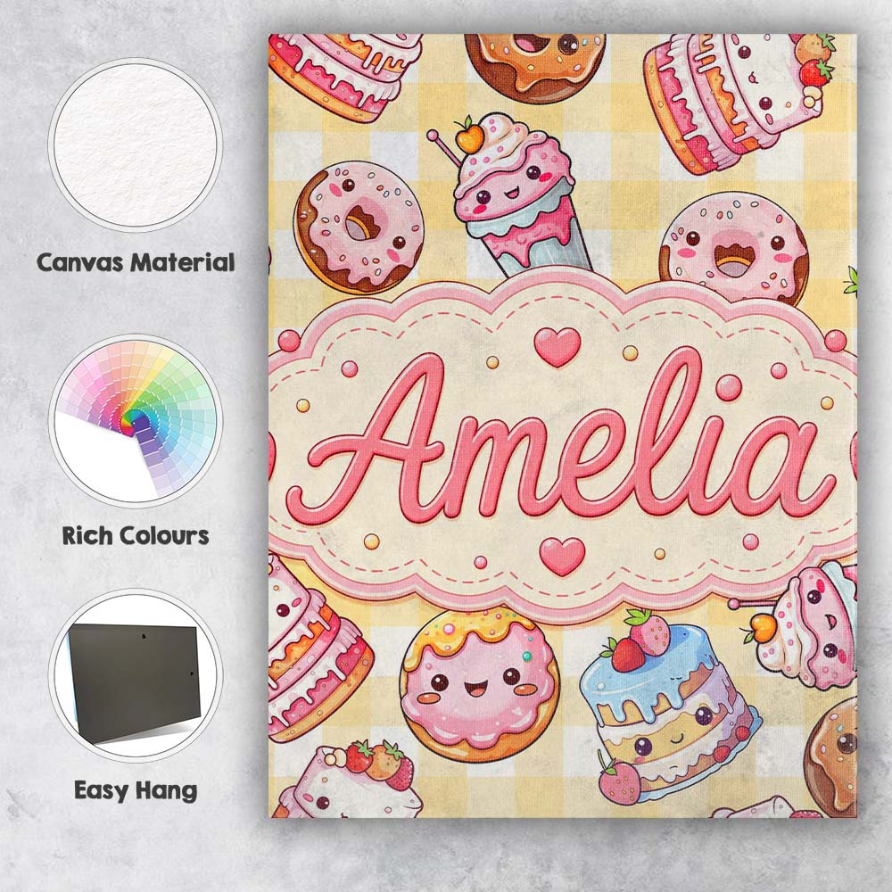 Personalised Name Cute Kawaii Donut Cake Custom  Unique Gift Idea Elegant Feature Canvas Wall Art Print Decor Picture Ready to Hang
