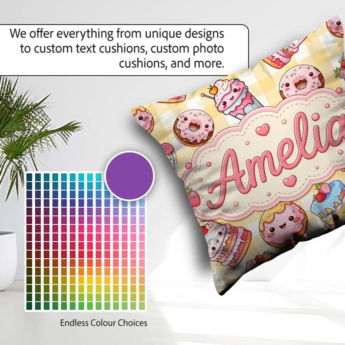 Custom Name Kawaii Donut Dessert Yellow Gingham Seamless Pattern Square Filled Cushion Throw Pillow Sofa Bed Home Decor Zip Washable UK Made