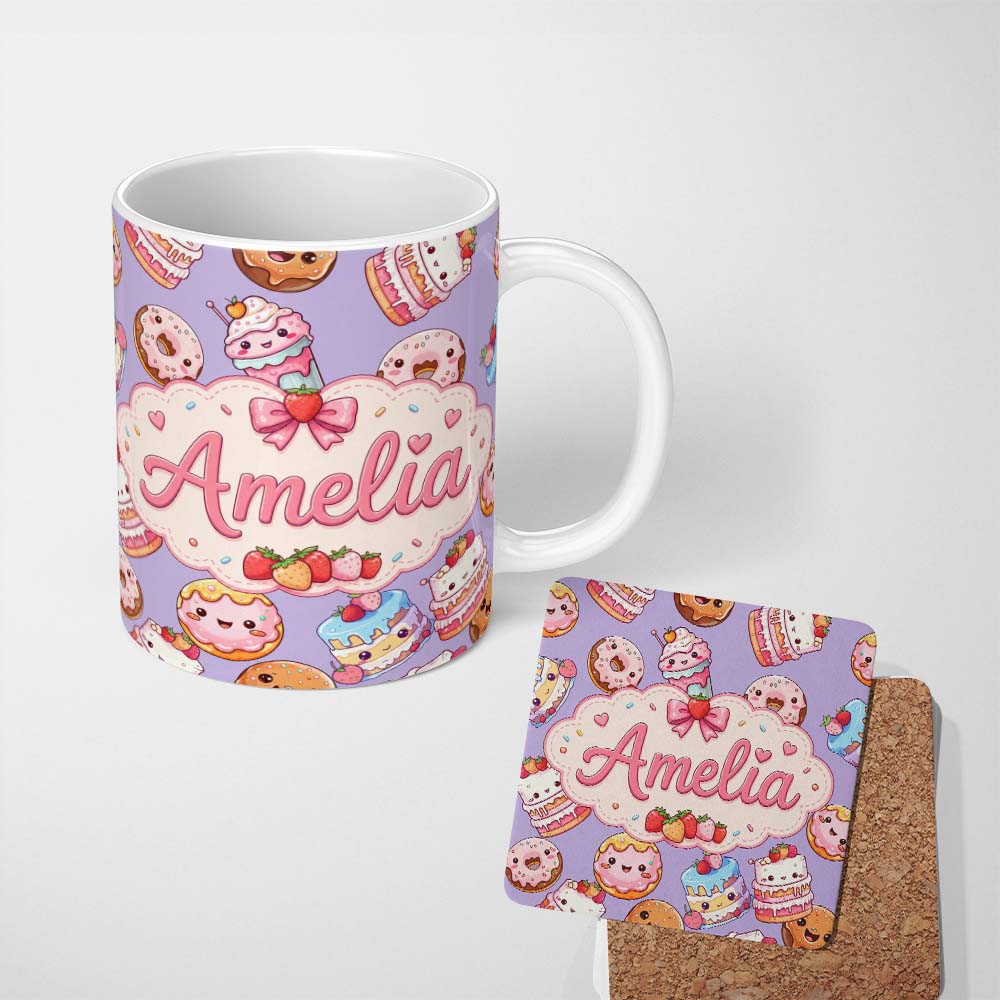 Personalized Custom Name Cute Kawaii Donut Cake Dessert Lavender Background Seamless Pattern 11oz Ceramic Coffee Tea Mug White Large Handle