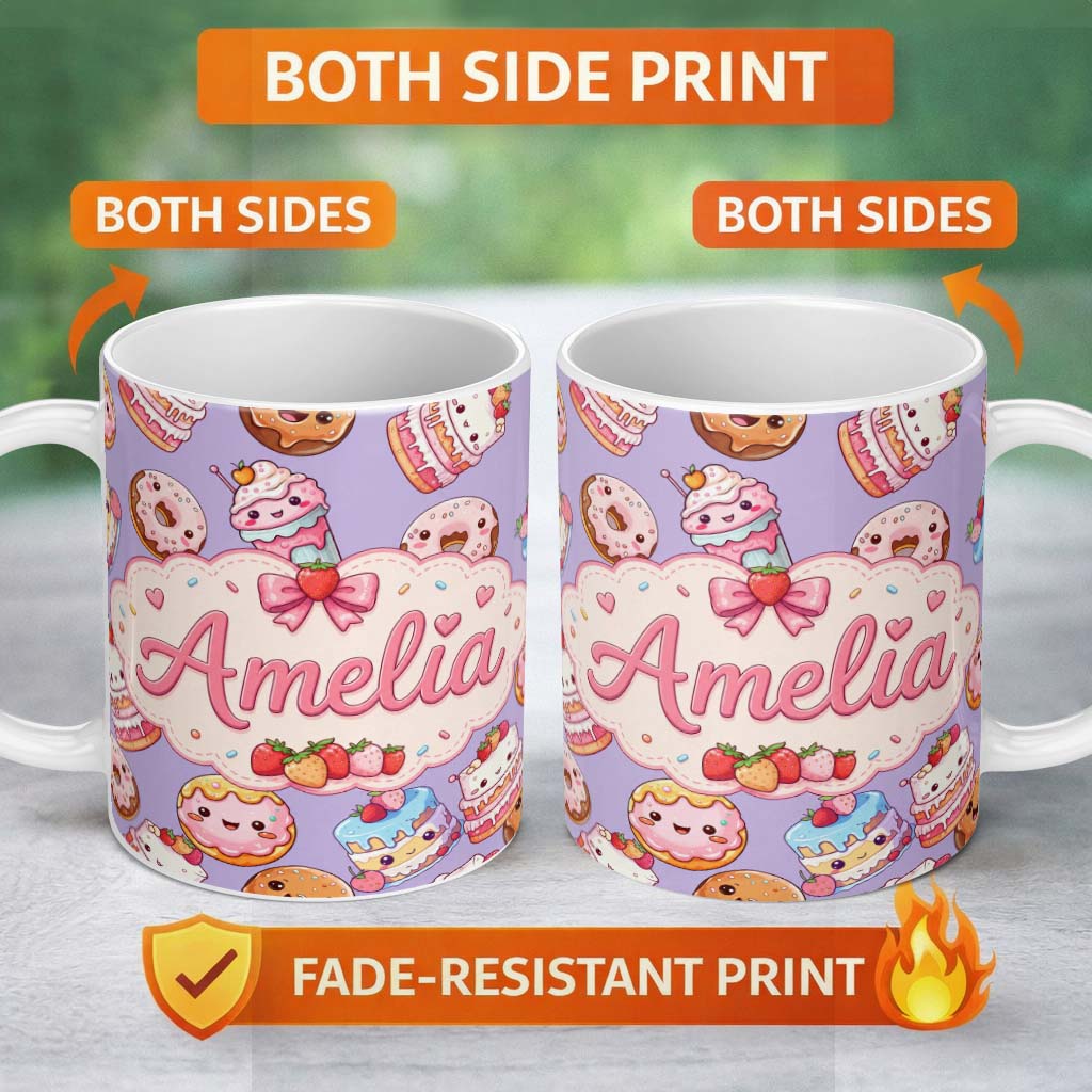 Personalized Custom Name Cute Kawaii Donut Cake Dessert Lavender Background Seamless Pattern 11oz Ceramic Coffee Tea Mug White Large Handle