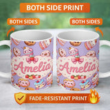 Personalized Custom Name Cute Kawaii Donut Cake Dessert Lavender Background Seamless Pattern 11oz Ceramic Coffee Tea Mug White Large Handle