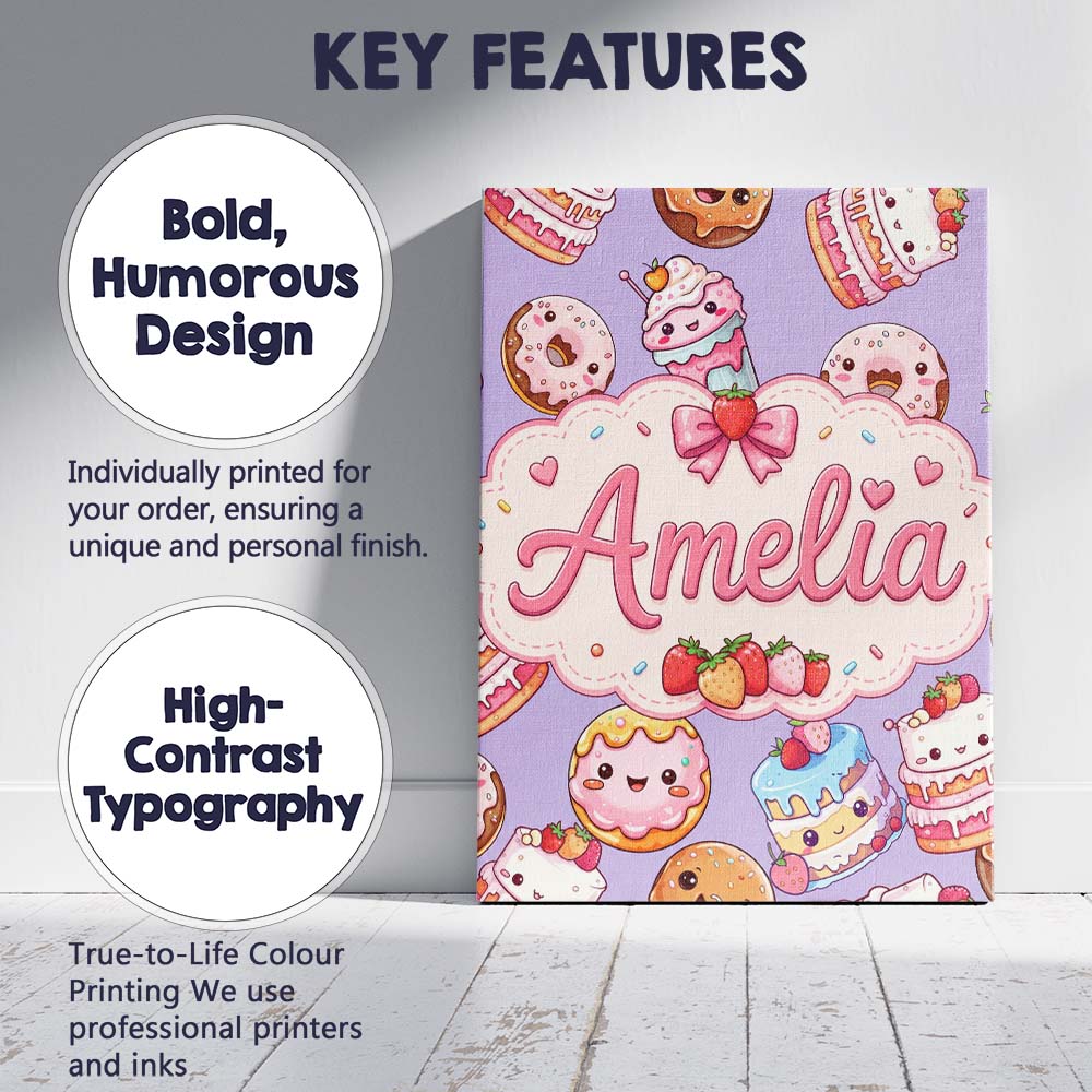 Personalised Name Cute Kawaii Donut Cake Custom  Unique Gift Idea Elegant Feature Canvas Wall Art Print Decor Picture Ready to Hang