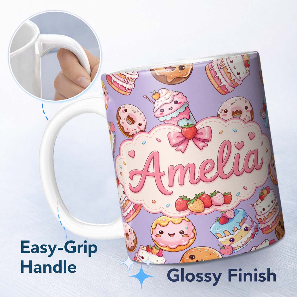 Personalized Custom Name Cute Kawaii Donut Cake Dessert Lavender Background Seamless Pattern 11oz Ceramic Coffee Tea Mug White Large Handle