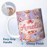 Personalized Custom Name Cute Kawaii Donut Cake Dessert Lavender Background Seamless Pattern 11oz Ceramic Coffee Tea Mug White Large Handle