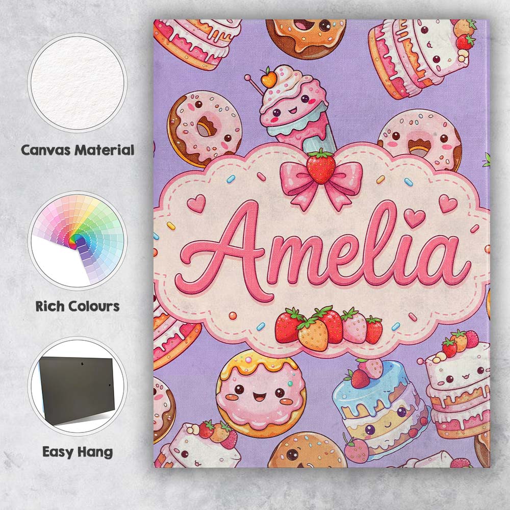 Personalised Name Cute Kawaii Donut Cake Custom  Unique Gift Idea Elegant Feature Canvas Wall Art Print Decor Picture Ready to Hang