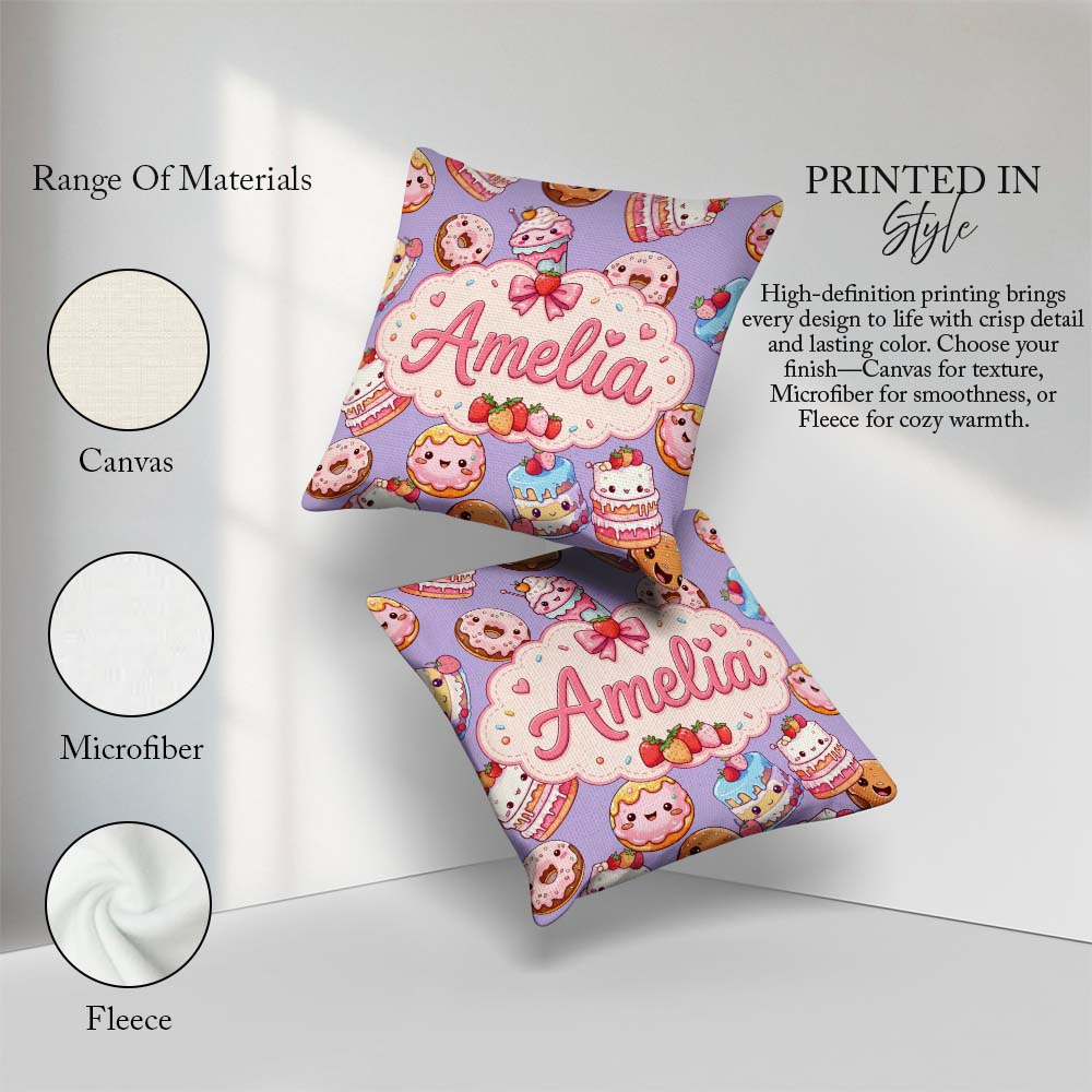 Custom Name Kawaii Donut Cake Dessert Lavender Seamless Pattern Square Filled Cushion Throw Pillow Sofa Bed Home Decor Zip Washable UK Made
